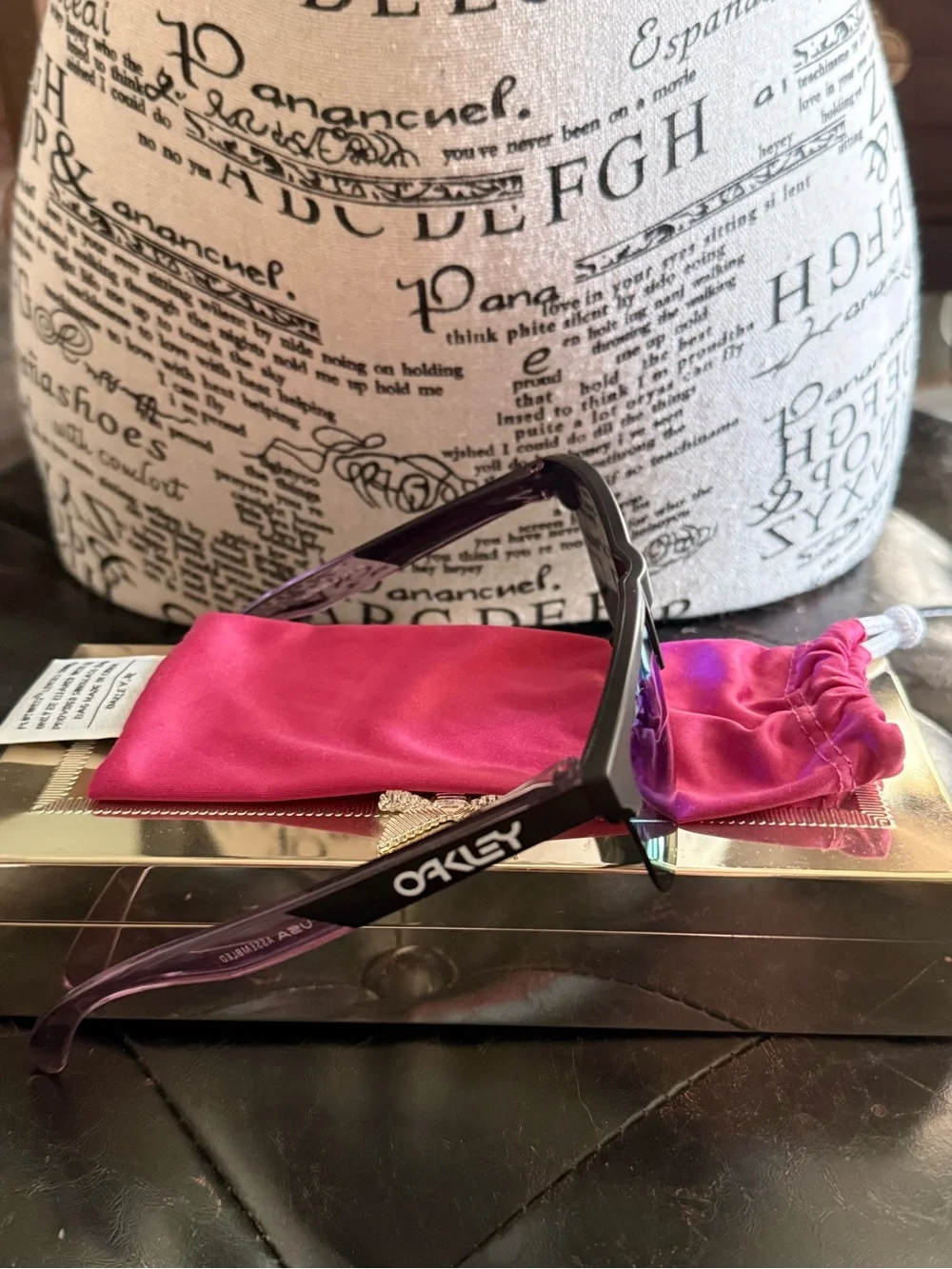 Oakley Matte Black Frame Sunglasses 🕶️ with Blue Mirror Lenses & Pink Trim